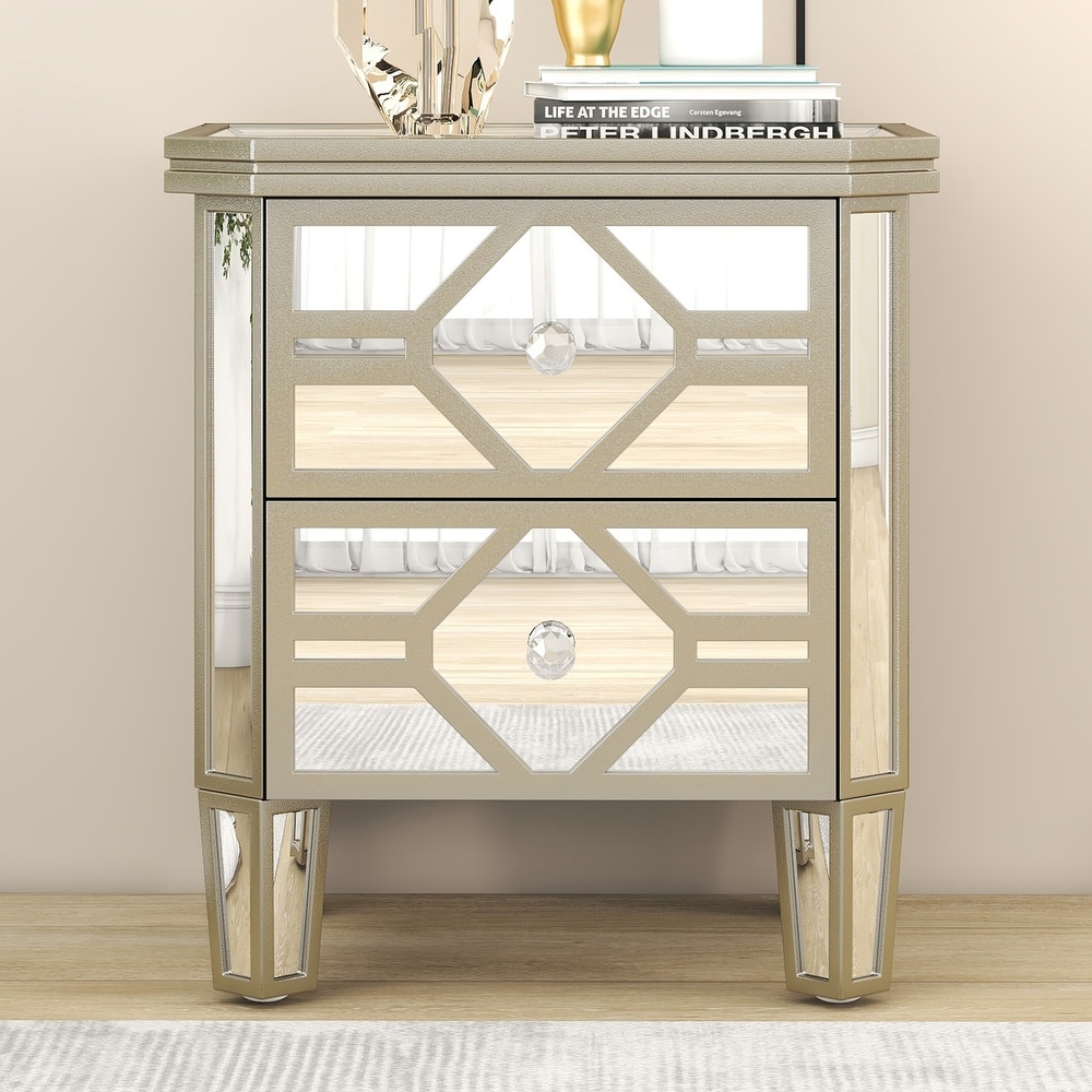 Elegant Mirrored 2 Drawer Side Table with Golden Lines for Living Room  Hallway  Entryway