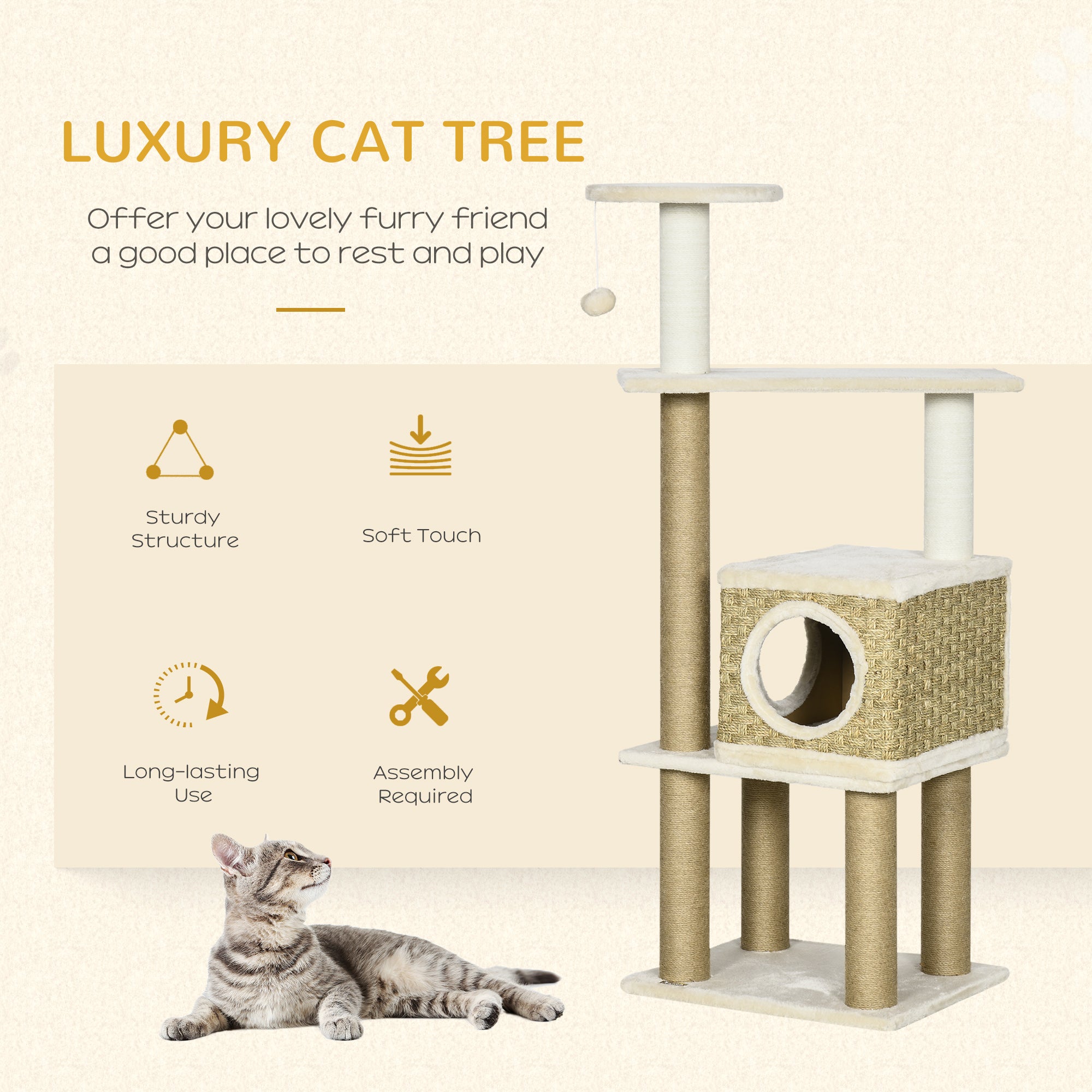 PawHut Modern Cat Tree with Scratching Posts and Rattan Cat House, Small Cat Tower for Indoor Cat Furniture, Beige