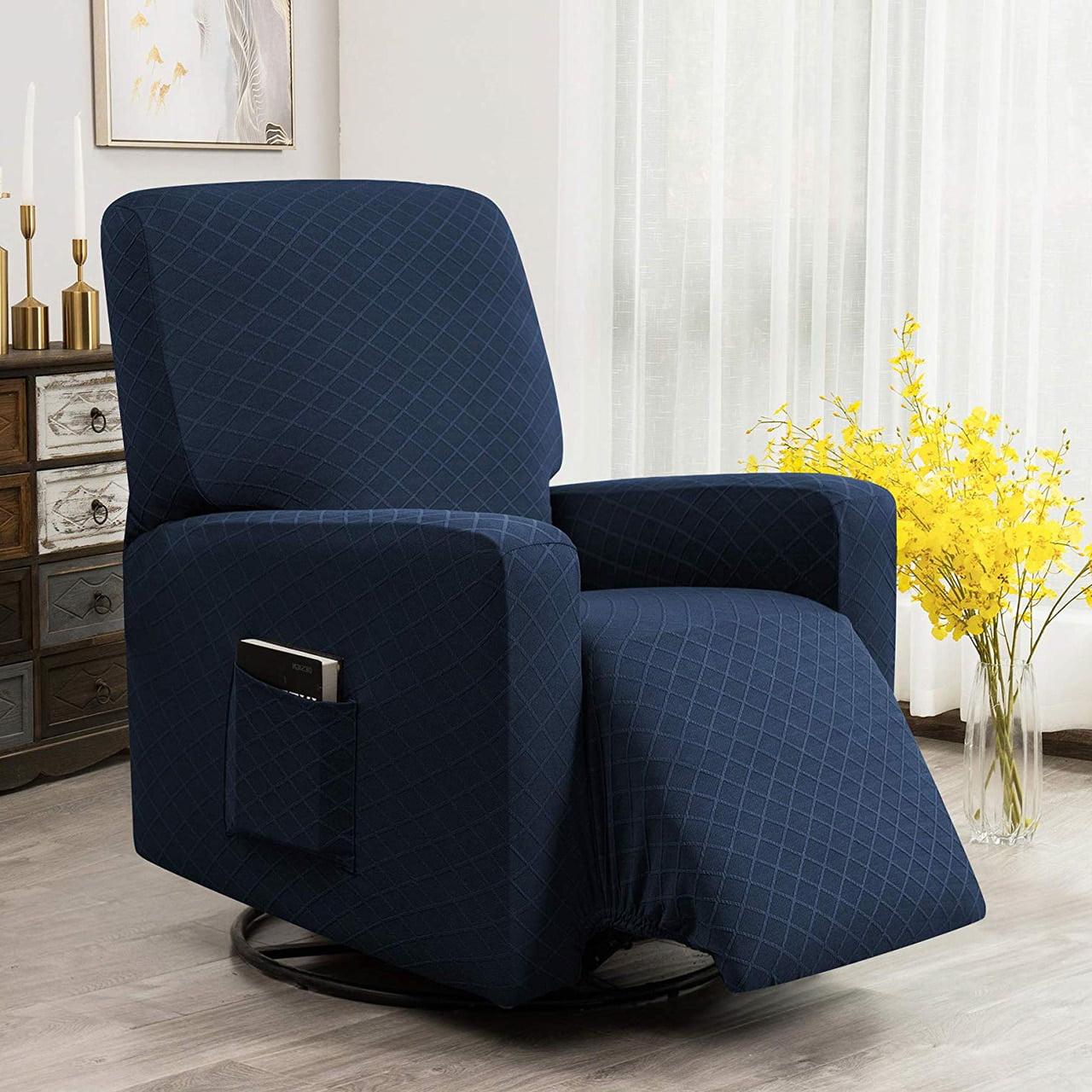 Enova Home Ultra Soft Rhombus Stretch Fabric Recliner Slipcover with Elastic Bottom Side Pocket (Dark Blue)