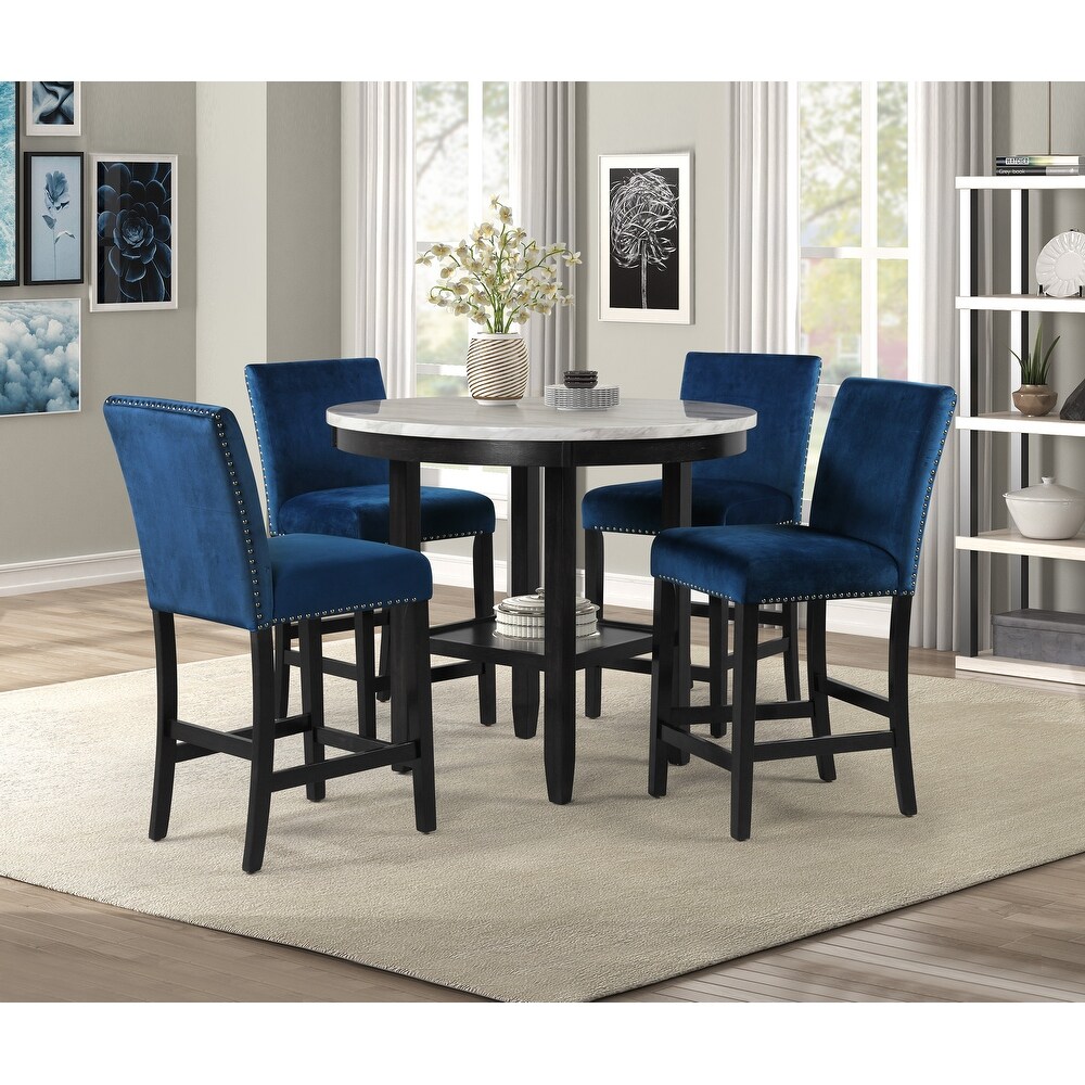 5 pc Wooden Round Counter Height Dining Table Set  Faux Marble Table with 4 Fabric Upholstered Nailhead Trim Dining Chairs