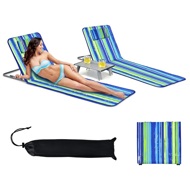 Costway 3 piece Beach Lounge Chair Mat Set 2 Adjustable Lounge Chairs With Table Blue stripe