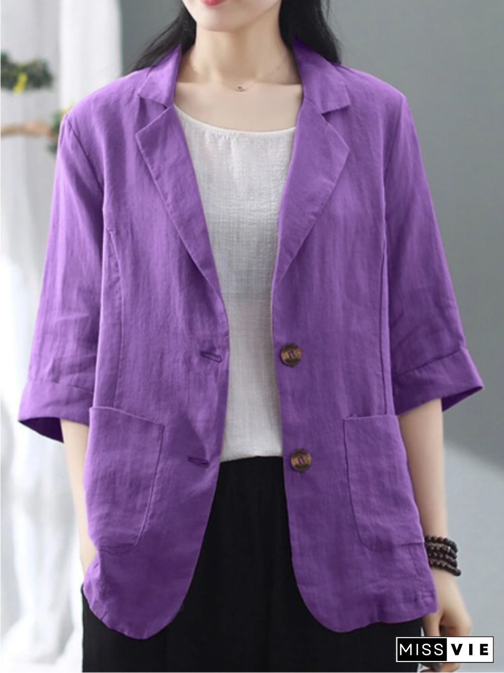 New Spring And Summer Solid Color Cotton And Linen Pocket Lapel Cropped Sleeve Jacket Suit Jacket Ladies Fashion Casual Cardigan