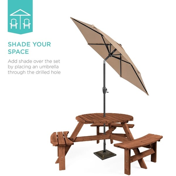 6Person Circular Wooden Picnic Table w/ Umbrella Hole，3 Benches