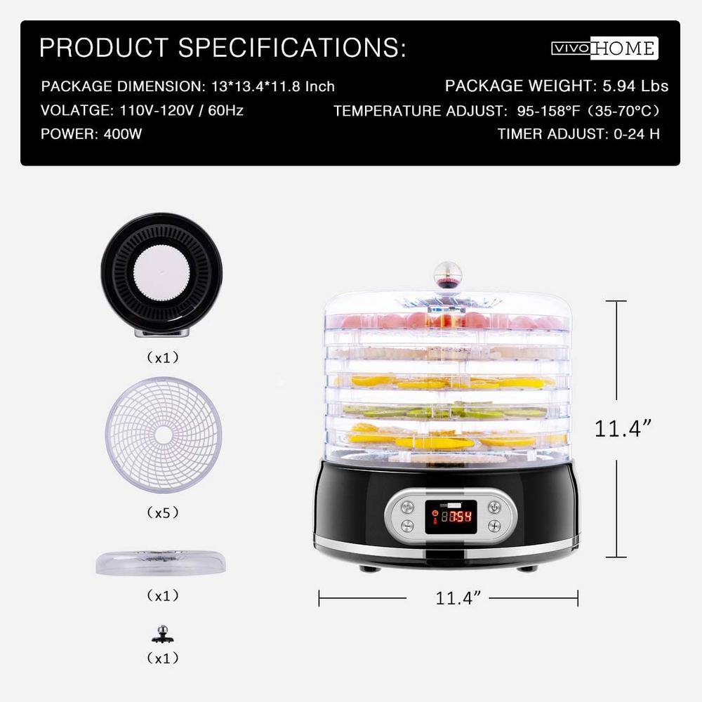 VIVOHOME 400W 5-Tray Round Black Food Dehydrator with Digital Timer and Temperature Control X002ADFF3D