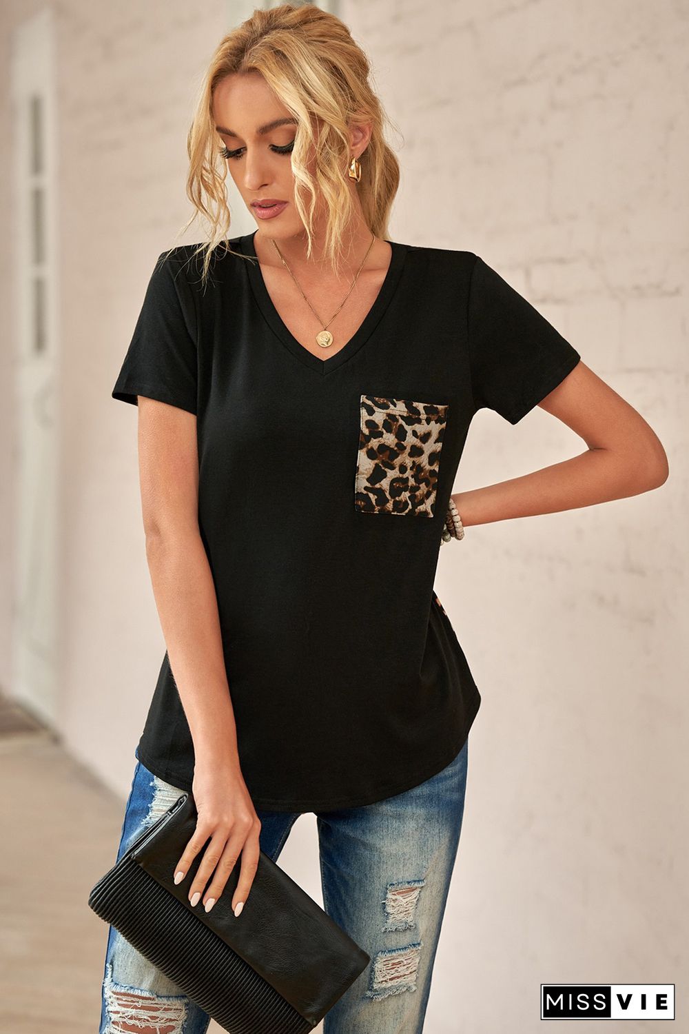 Leopard Printed Splicing T-Shirt