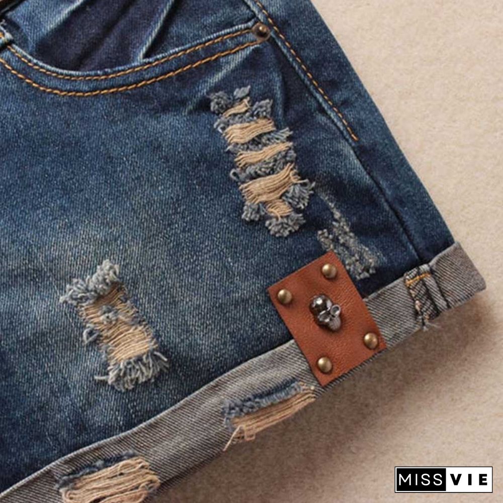 Fashion Summer Women Sexy Denim Shorts Frayed Hole Low Waist Skull Decoration Casual Jeans Shorts