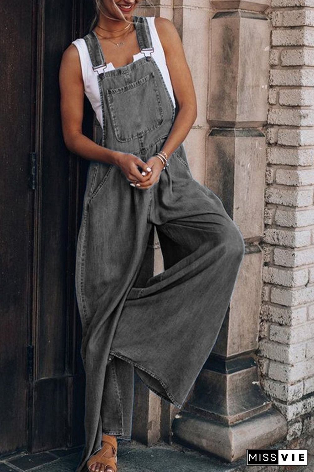 Denim Wide Leg Suspenders Jumpsuit