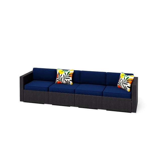 4-Piece Patio Outdoor Furniture Sectional Sofa Set All-Weather Wicker Rattan with Navy Blue Cushions - Overstock - 32039497