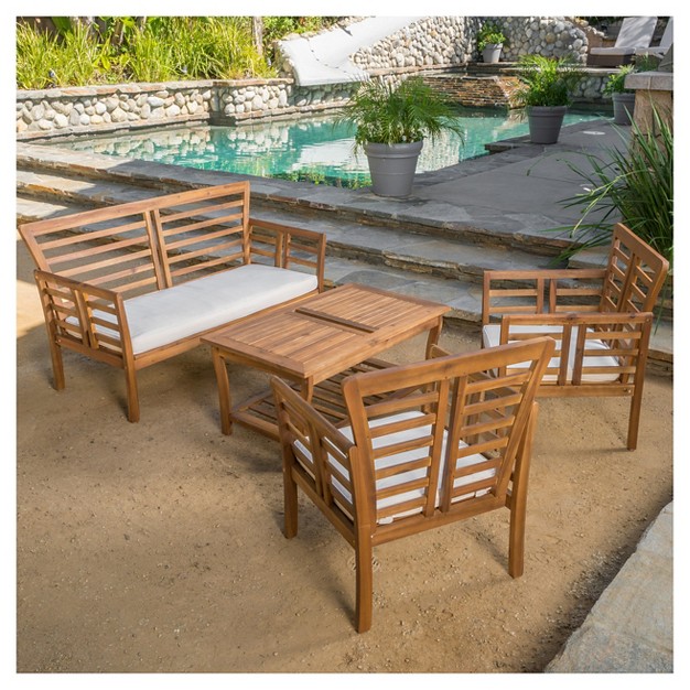 Caydon 4pc Acacia Wood Patio Chat Set With Cushions Brown Patina Christopher Knight Home