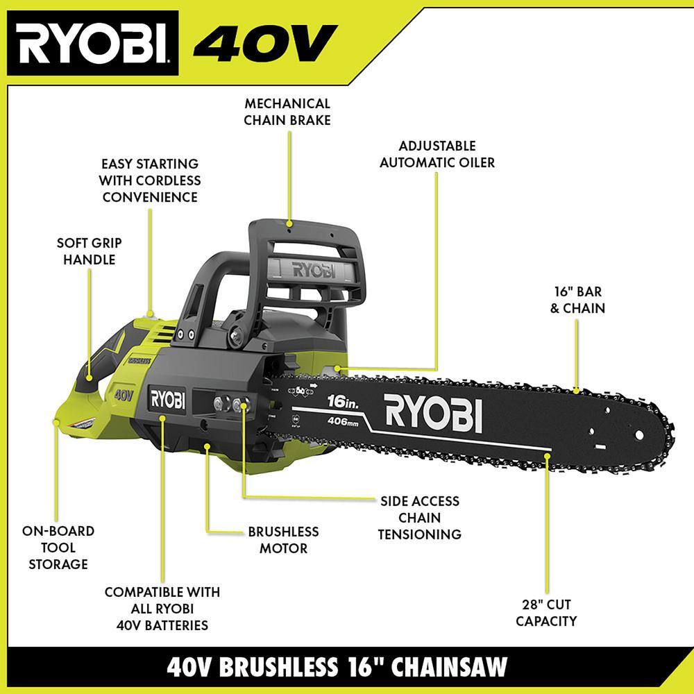 RYOBI 40V HP Brushless 16 in. Battery  Chainsaw (Tool Only) with Extra Chain and 24 oz. Bar and Chain Oil RY40505BTL-CMB1