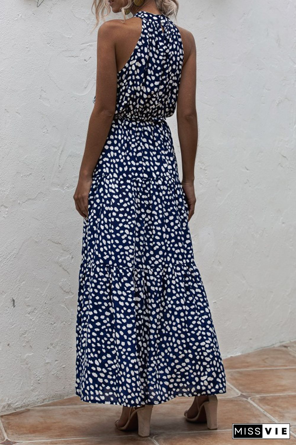 Halter Polka Dot Print Tie Waist Maxi Dress Wholesale