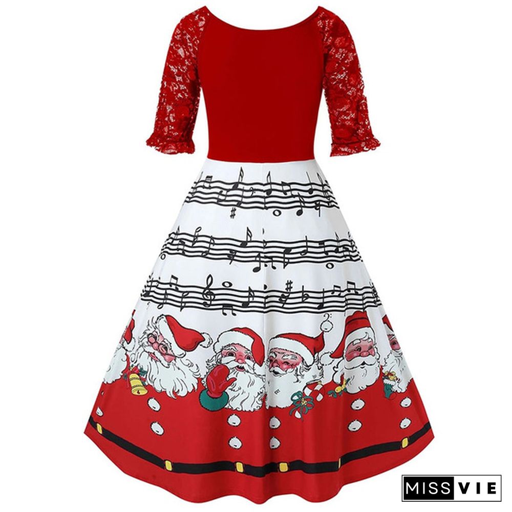 Plus Size Women Fashion Christmas Santa Claus Printed Lace Evening Party Dress