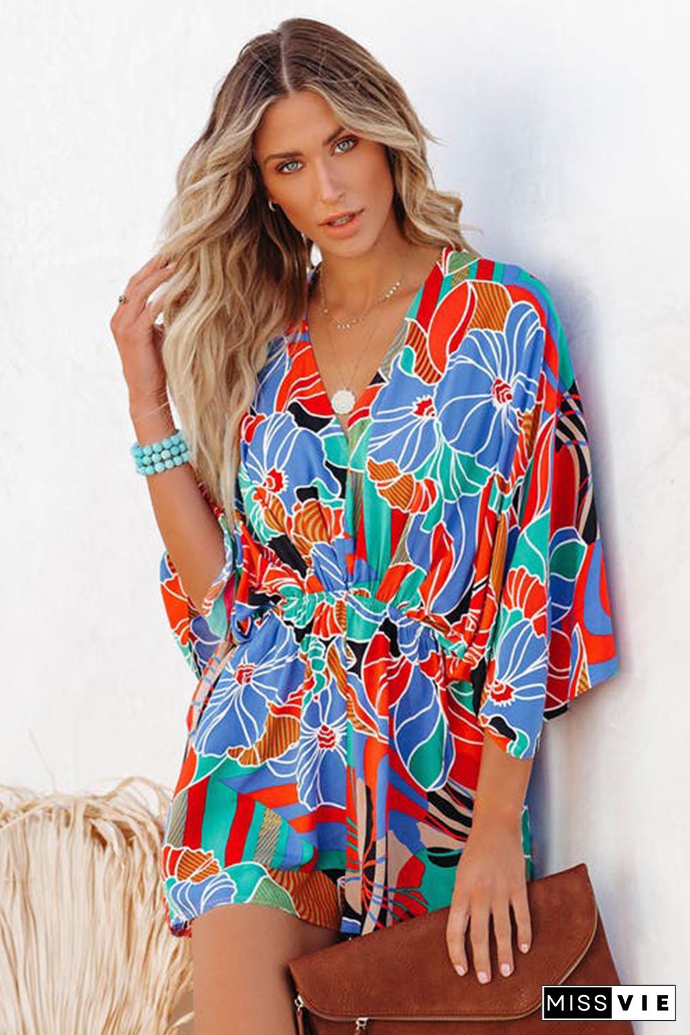 Multicolor Floral Print V Neck Kimono Sleeve Romper