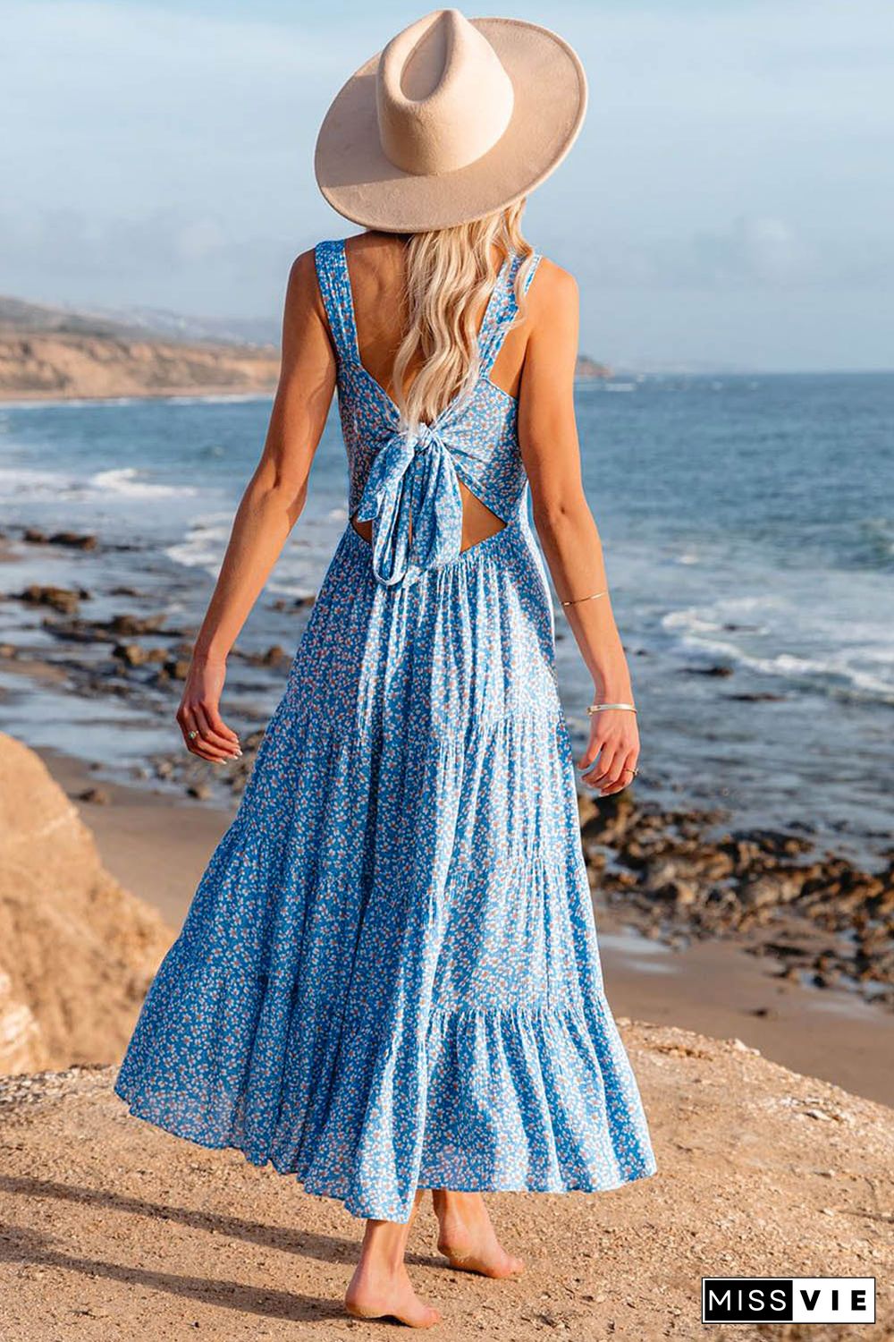 Sky Blue Floral Tie Back Long Dress