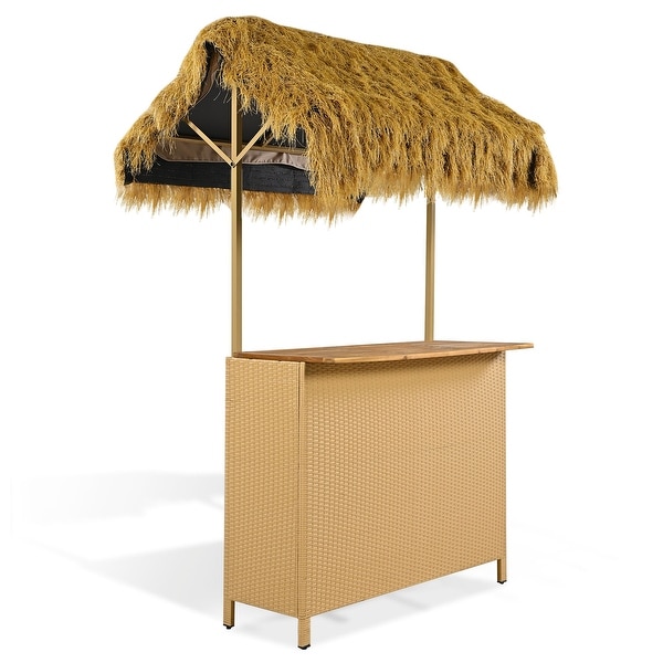 Outdoor Bar Height Patio Set with PE Grass Canopy and Adjustable Feet