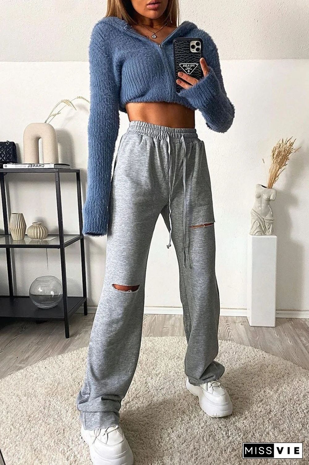 Solid Color Hole Drawstring Waist Pants