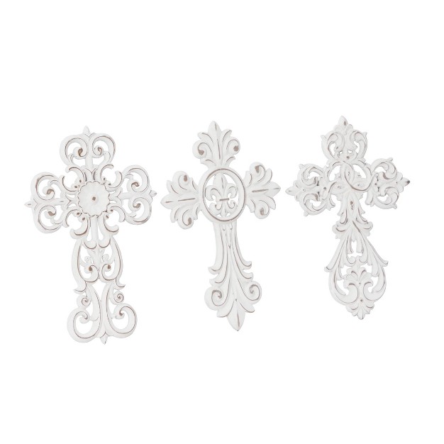 Set Of 3 Wooden Cross Carved Cross Wall Decors White Olivia amp May