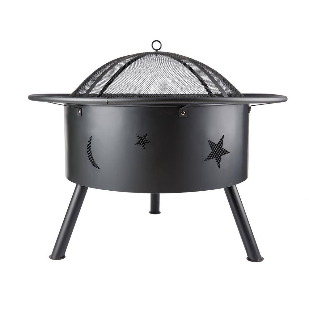 Tidoin 32 in. Outdoor Metal Burning Wood Black Fire Pit with Cover and Poker HS-YDYL-32D