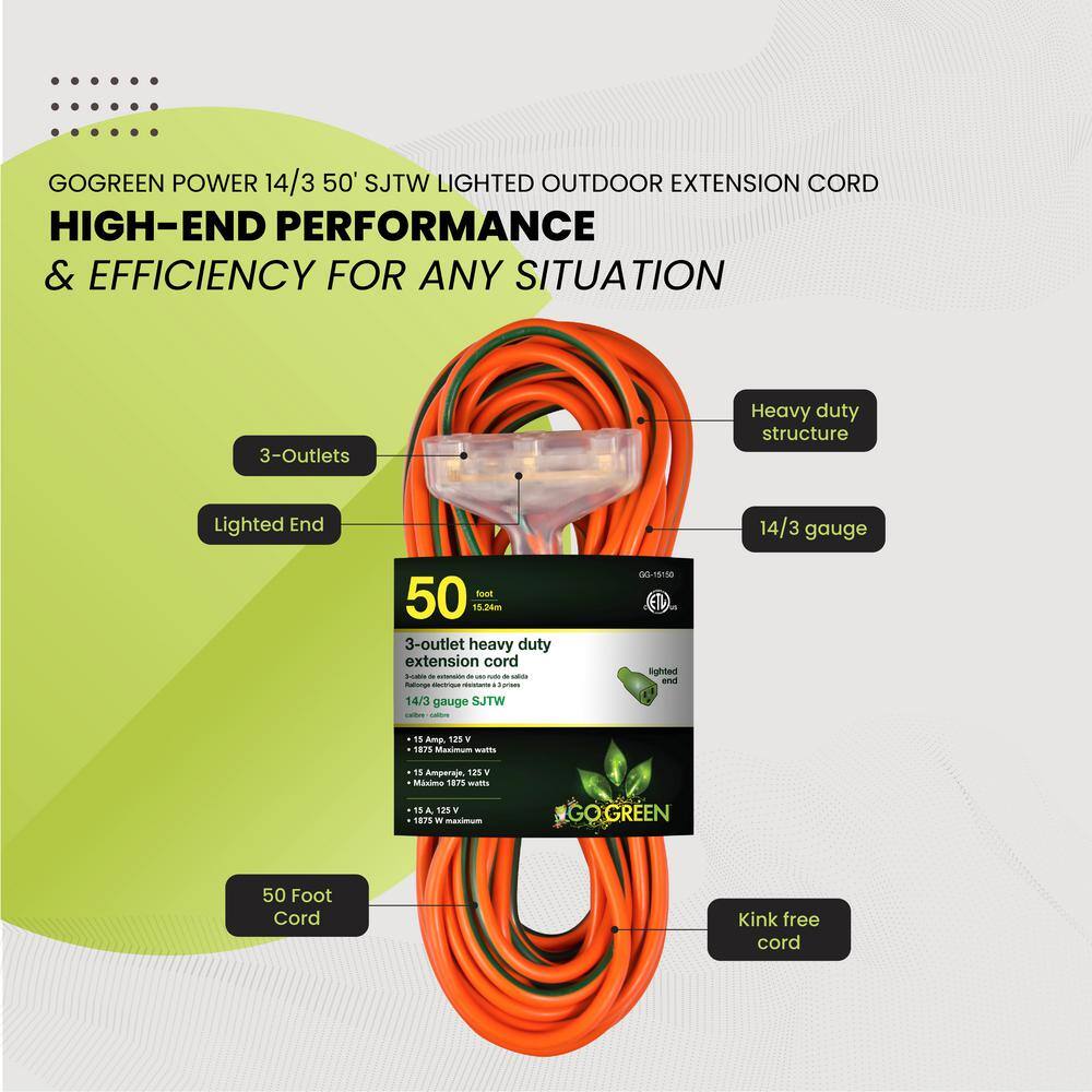 GoGreen Power 100 ft. 3-Outlet 123 Heavy Duty Extension Cord - Orange GG-15200