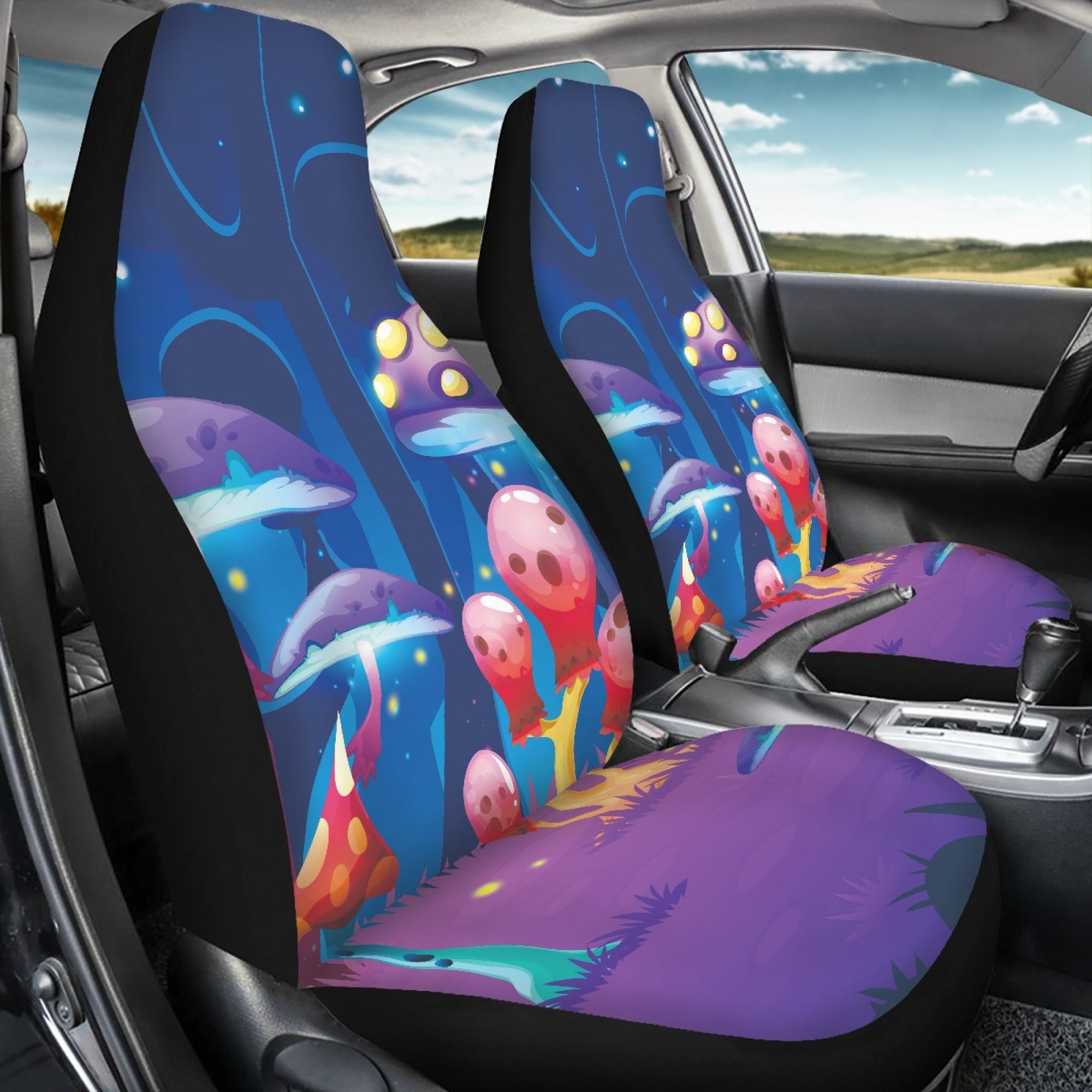 Bivenant Store Mushroom Pattern Polyester Fabric Car Seat Cover Set Fantasy Purple Front Split Bench Seat Covers for Cars Trucks SUV