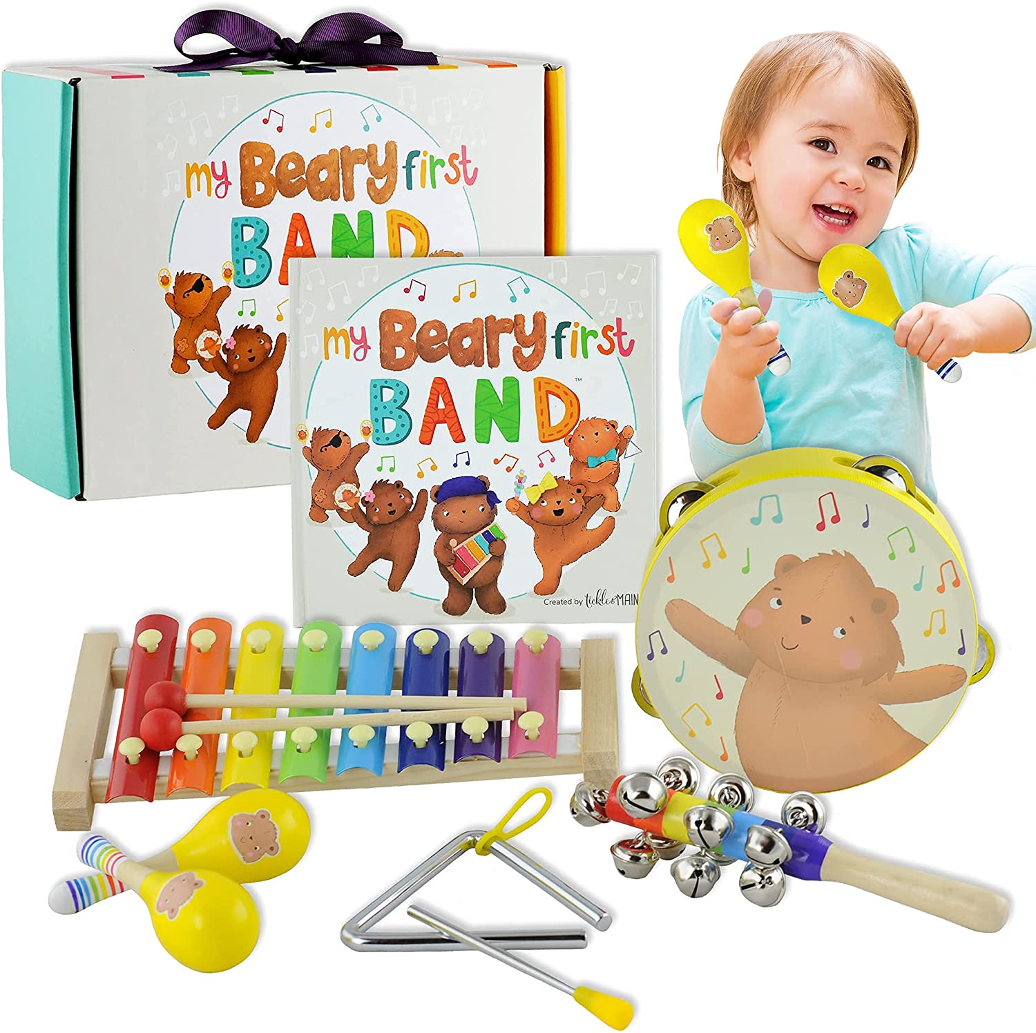 Tickle and Main， My Beary First Band Musical Instruments Gift Set - Includes Storybook and Wooden Percussion Toys for Toddler Girls and Boys Ages 3 4 5 Years Old