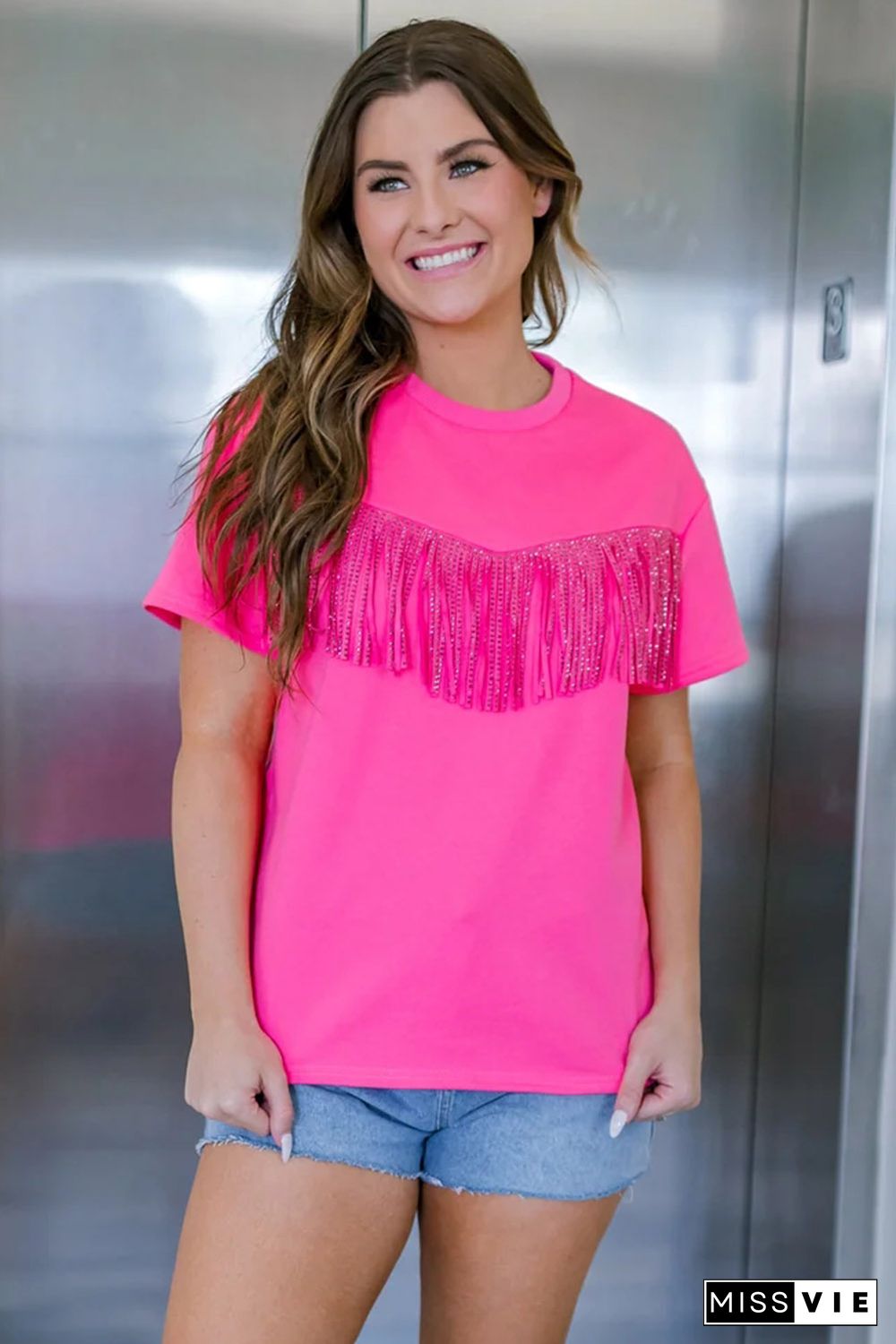 Rose Rhinestone Fringed Short Sleeve T-shirt