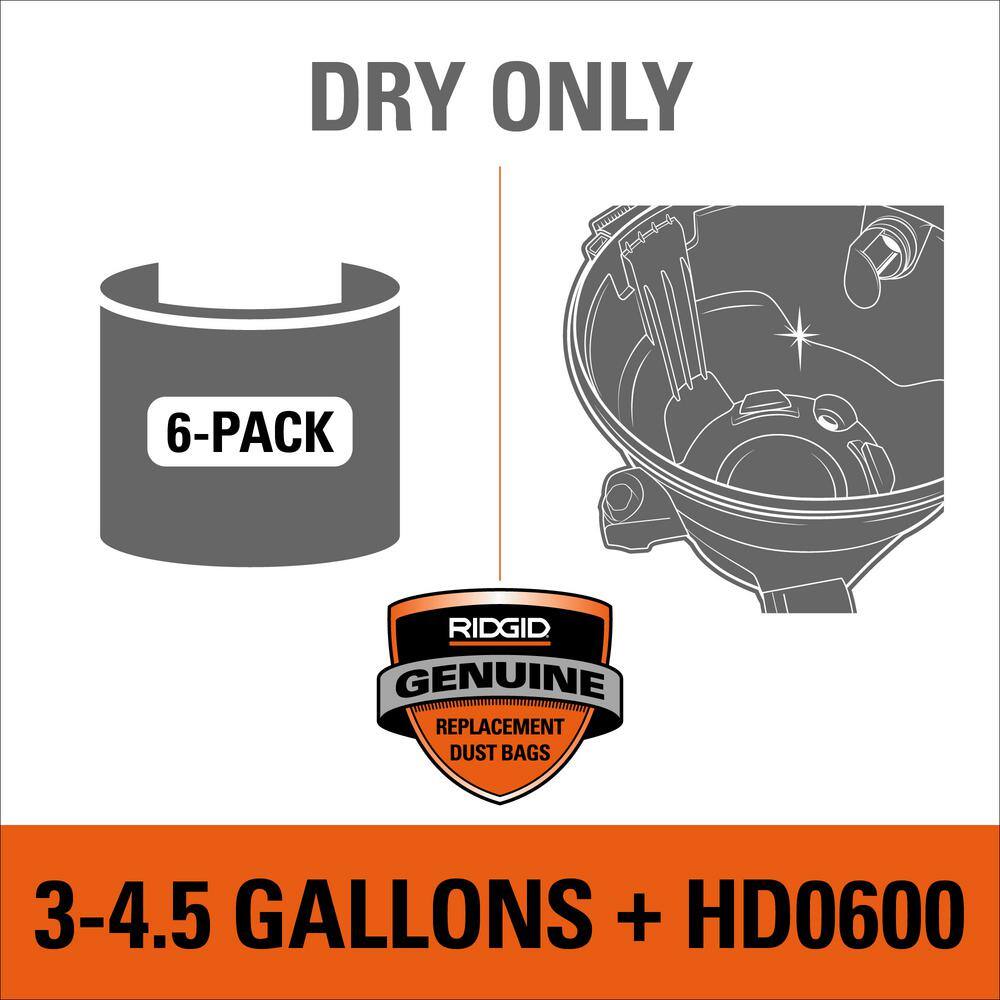 RIDGID High-Efficiency Size C Dust Collection Bags for 3 to 4.5 Gallon and HD06001 RIDGID WetDry Shop Vacuums (6-Pack) VF3501A