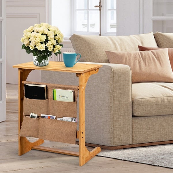 Bamboo Sofa Table End Table Bedside Table with Storage Bag - 19.5