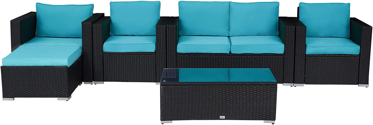 Kinbor 5PCS Patio Furniture Set Outdoor Sectional Sofa Lawn Conversation Sets Wicker Rattan Chair with Ottoman, Turquoise