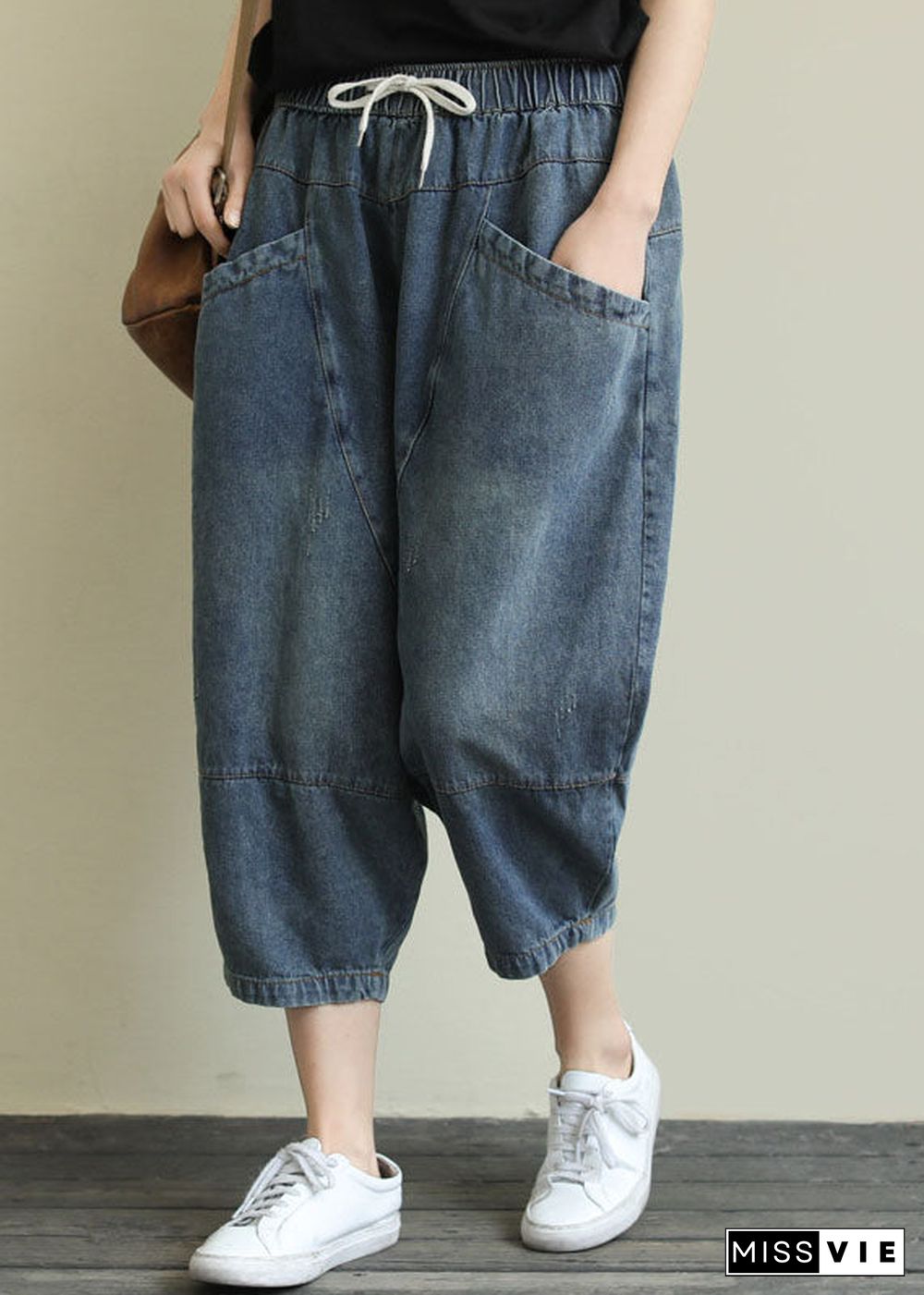 French Light Blue pockets elastic waist Cotton denim Pants Spring