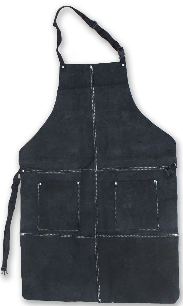 Knightguard Black Genuine Leather Bib Style Shop Apron with 2 Pockets - AL001A-BLK