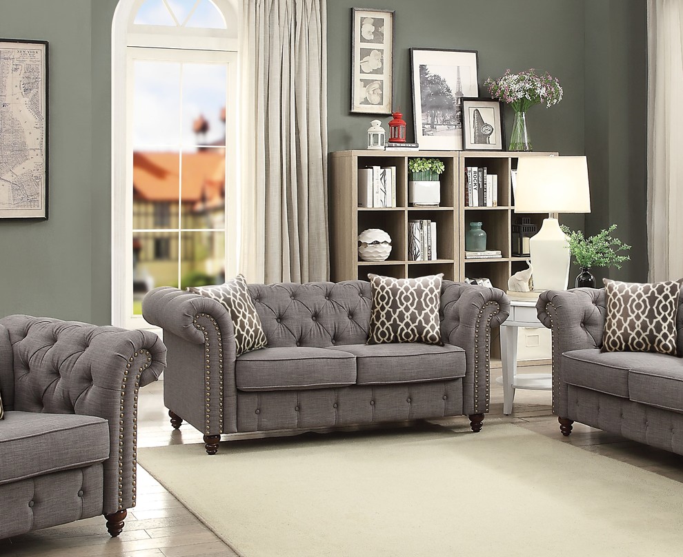 ACME Aurelia Loveseat With 2 Pillows  Gray Linen   Traditional   Loveseats   by HedgeApple  Houzz