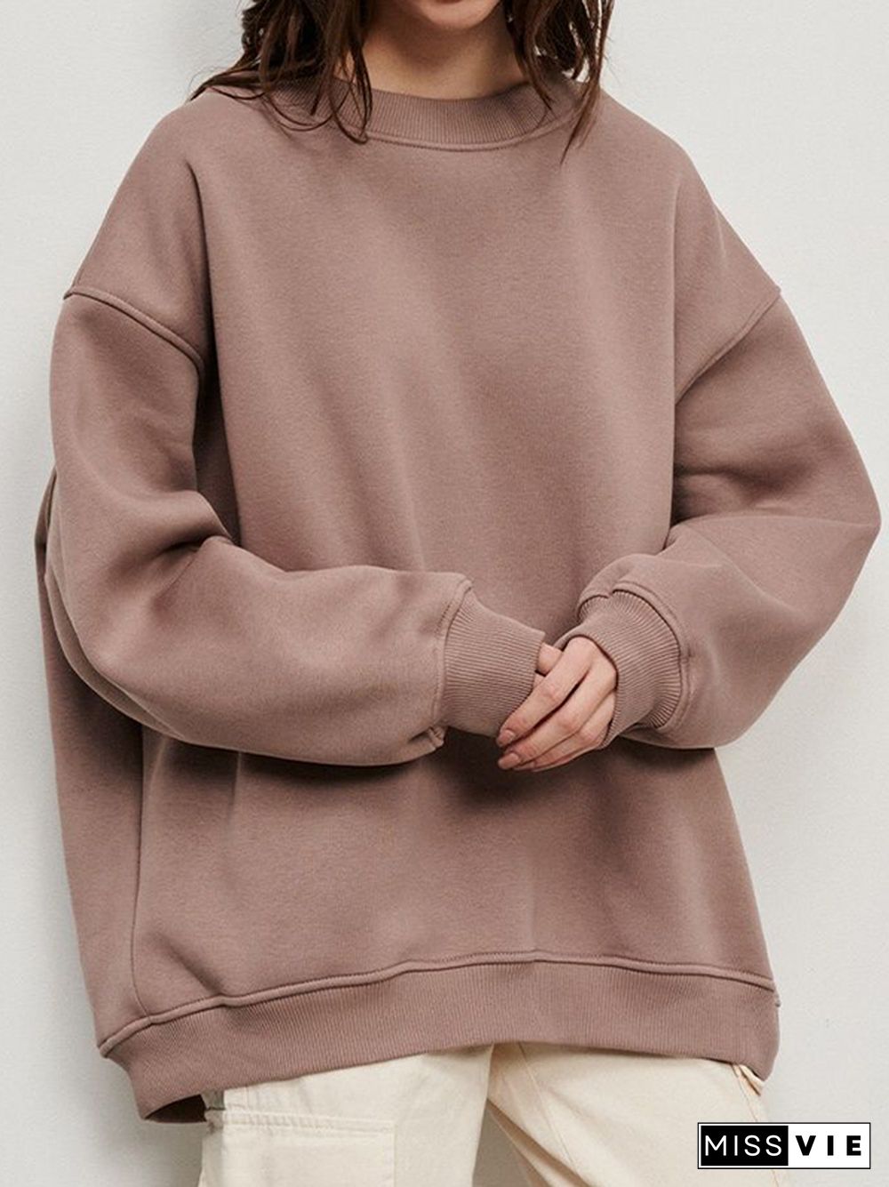 Long Sleeves Loose Solid Color Round-Neck Sweatshirt Tops