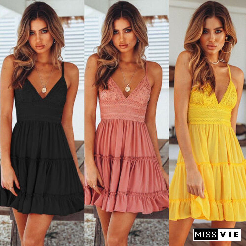 New Women Summer Black Backless Layers Sweet Boho Short Mini Dress V Neck High Waist Evening Party Beach Dresses Sundress