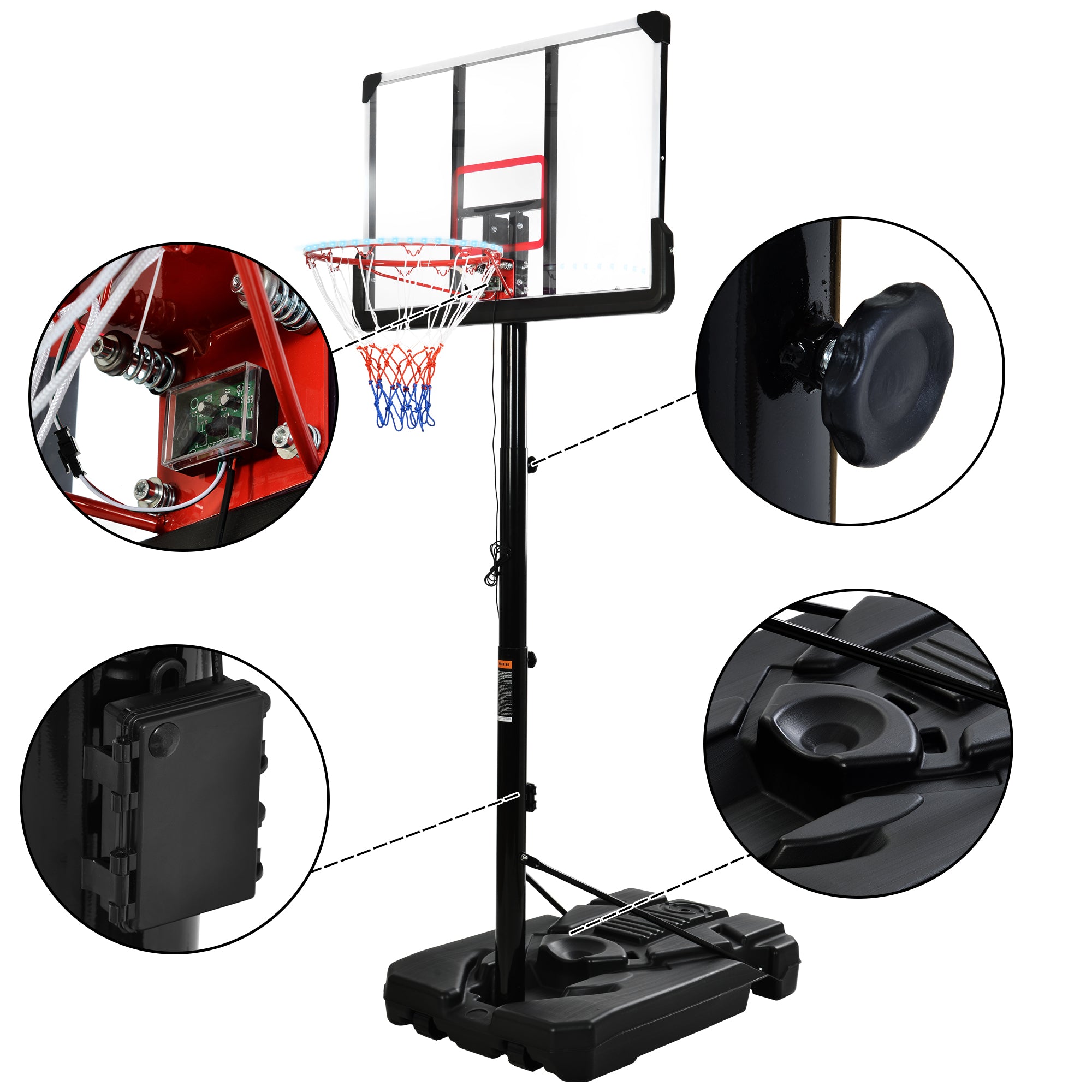 Vanelc Portable Basketball Hoop System 6.6-10 Ft. Height Adjustment for Teenagers. LED Lights， Waterproof， Super Bright Outdoors at Night