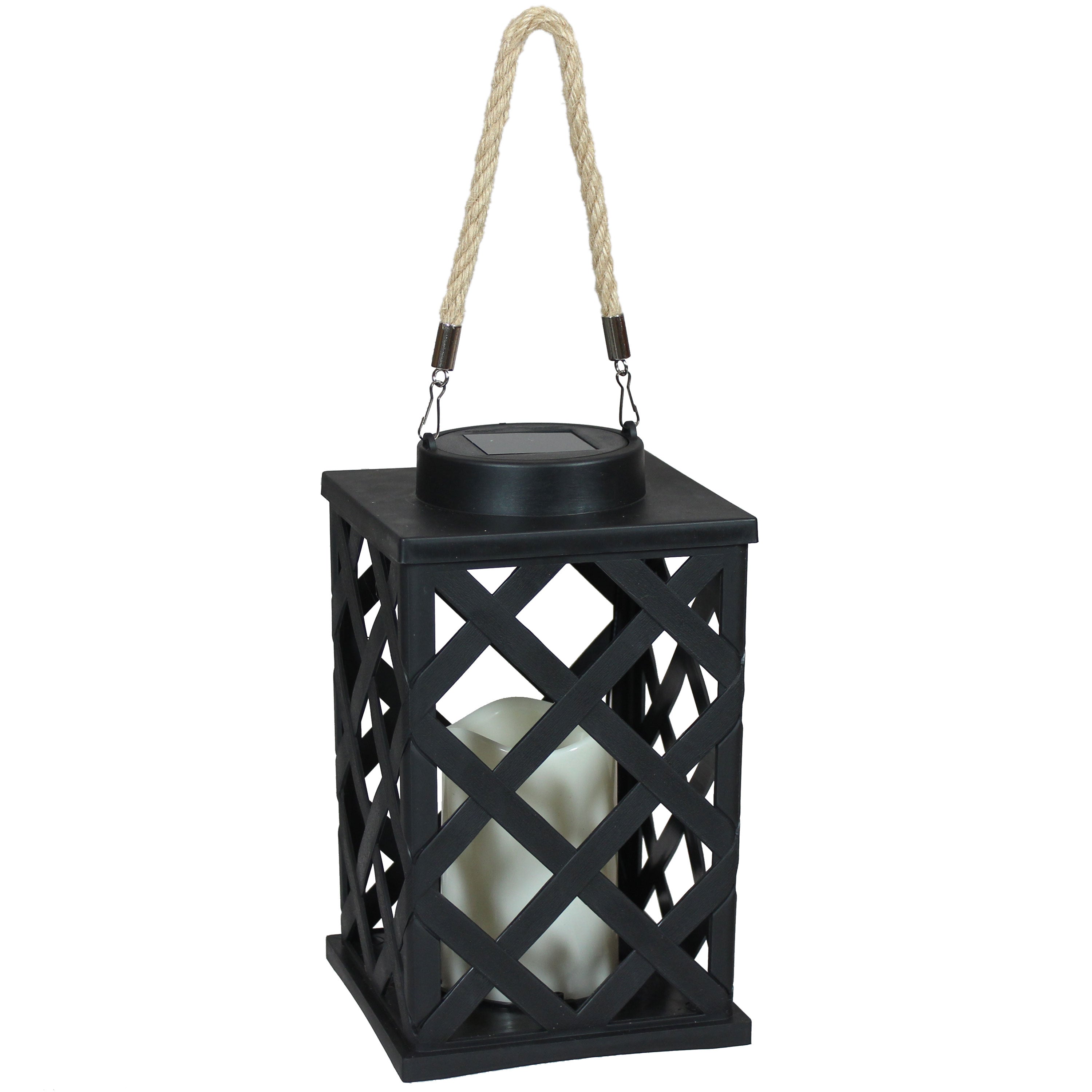 Sunnydaze Outdoor Modern Crosshatch Hanging Tabletop Solar LED Rustic Farmhouse Decorative Candle Lantern - 9