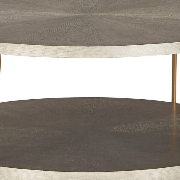 Modern 42 Inch Coffee Table， Ash Veneer， Metal Frame and Wheels， Gold， Gray