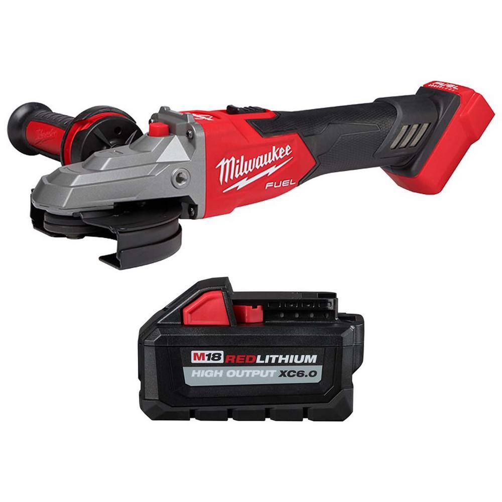 MW M18 FUEL 18V Lithium-Ion Brushless Cordless 5 in. Flathead Braking Grinder with Slide Switch Lock-On w6.0 ah Battery 2887-20-48-11-1865