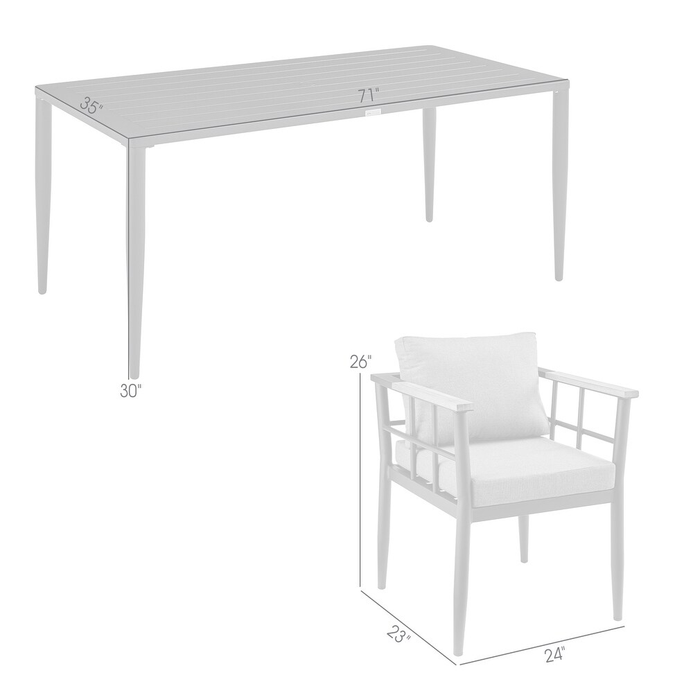 Beowulf Outdoor Patio 5 Piece Dining Table Set in Aluminum and Teak with Grey Cushions