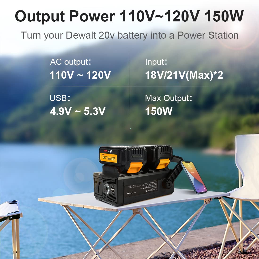 Power Inverter Compatible with Dewalt 20V Battery Turn to 110V/150W Power Station with 6.0Ah Ultra-high Capacity (Battery not Included)