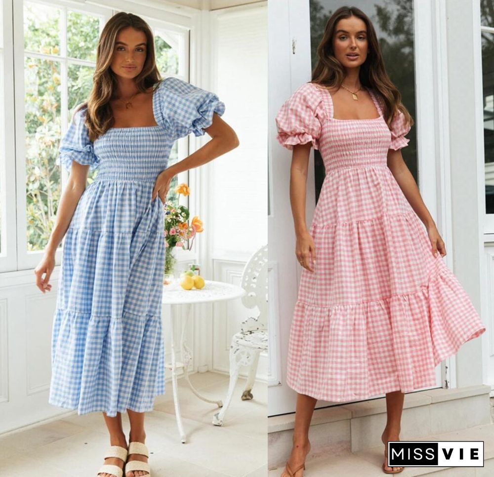 Plus Size Women Puff Square Neck Full-length Checked Plaid Dress Summer Holiday Maxi Dress Party Dress Vestidos