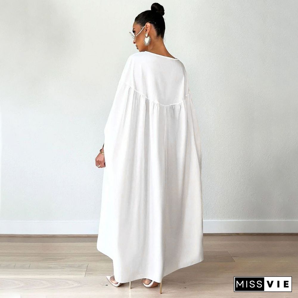 Loose Raglan Sleeves Irregular Pleated White Dresses