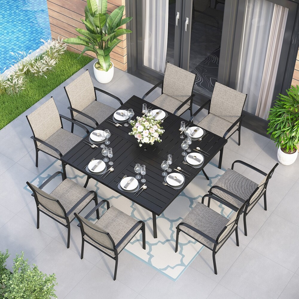 9 Piece Patio Dining Set  60 Inch Square Metal Table and 8 Textilene Dining Chairs