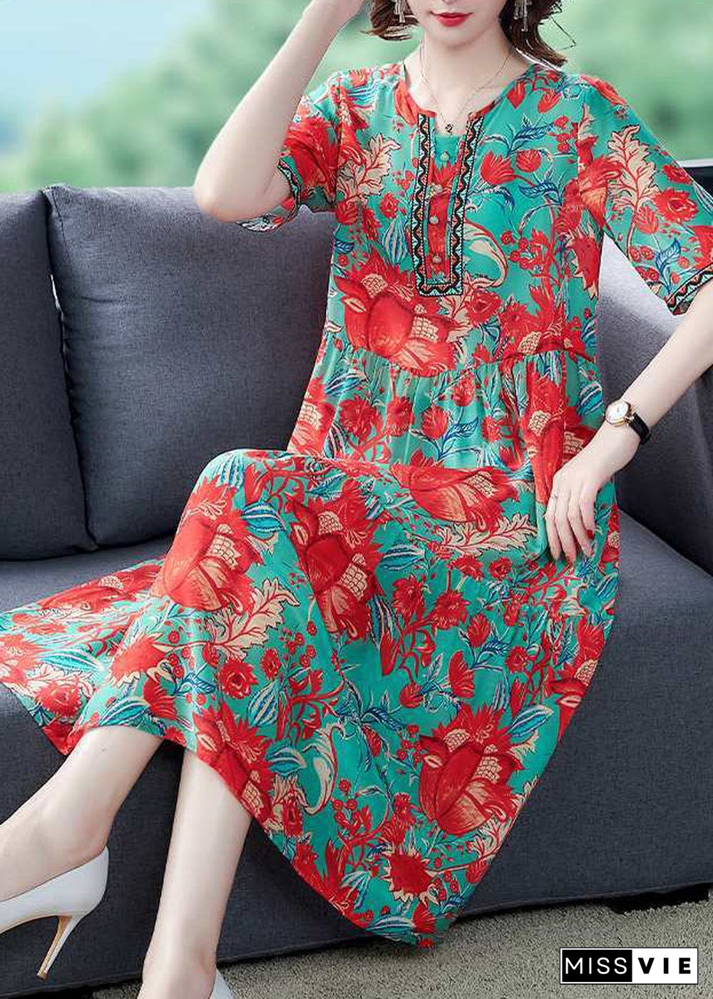 Beautiful Red O-Neck Print Silk Party Dress Summer