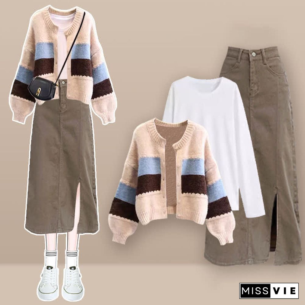 Colorblock Stripe Cardigan Sweater Long Sleeve Shirt Denim Split Skirt