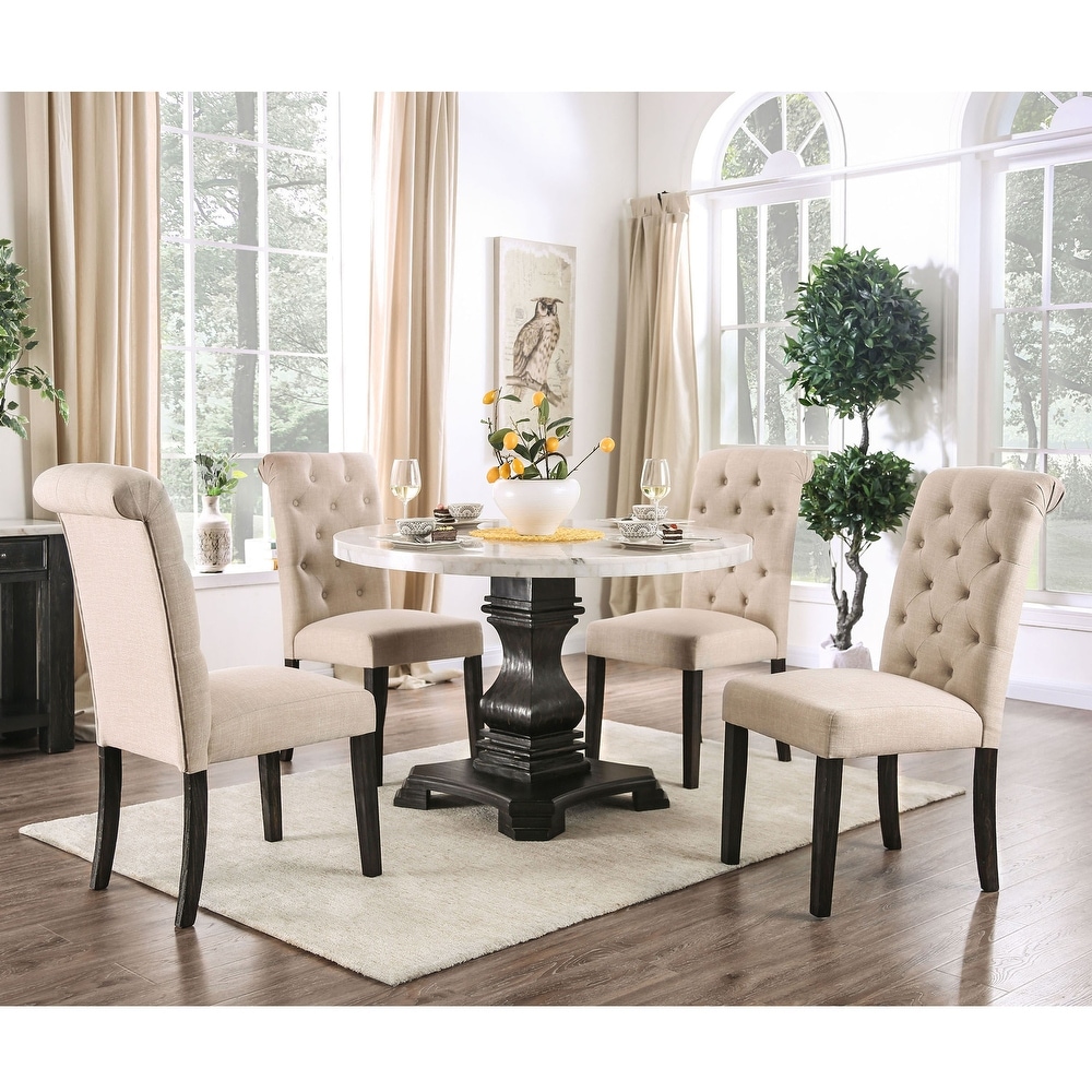 Brec Rustic Marble Top 5 Piece Round Dining Table Set with Tufted Chairs by Furniture of America