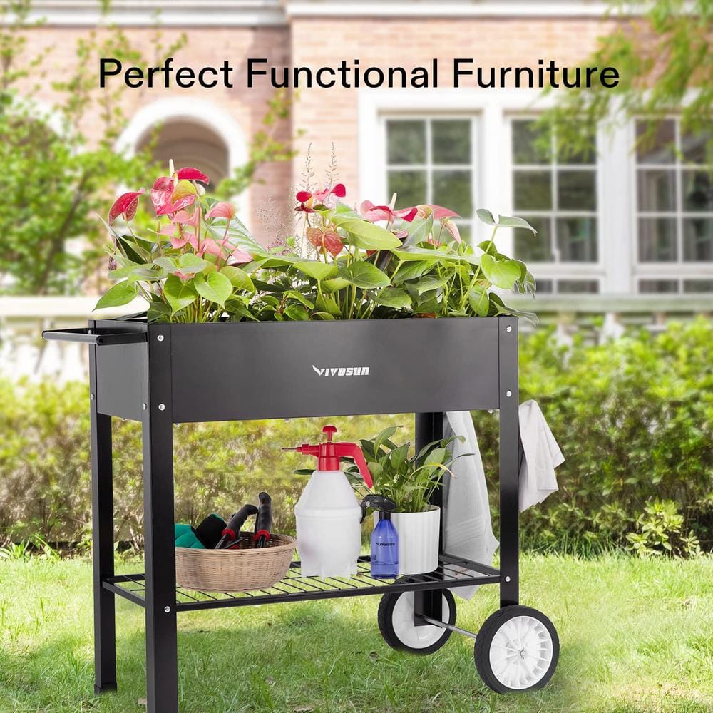 VIVOSUN 37.79 in. x 20.31 in. x 32.87 in. Black Metal Mobile Elevated Planter Box with Wheels and Storage Shelf wal-WHEEL-001J