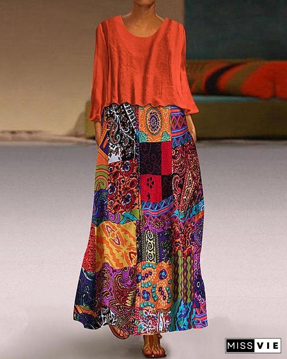 Women's Two Piece Dress Maxi long Dress - 3/4 Length Sleeve Graphic Print Plus Size Hot Holiday Loose Blue Purple Orange M L XL XXL 3XL 4XL 5XL