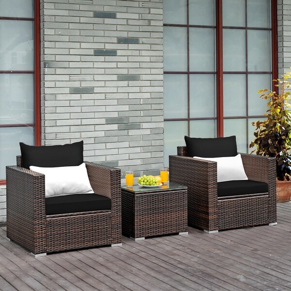 Gymax 3PCS Rattan Patio Outdoor Conversation Furniture Set w/ Black