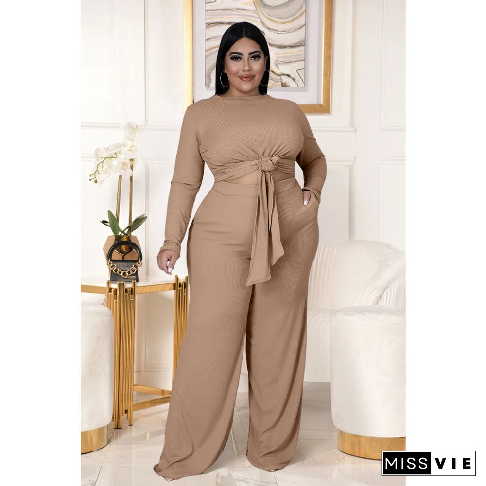 Knitted Bandage T Shirt Wide Leg Pants Plus Size Set